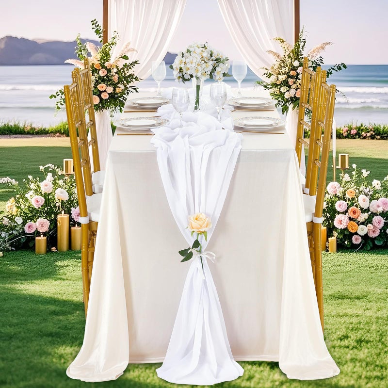 QueenDream 10Ft 1 Piece White Chiffon Table Runner 27x120 Inches Sheer Chiffon Fabric Bridal Party Romantic Wedding Reception Christmas Decorations - Image 4